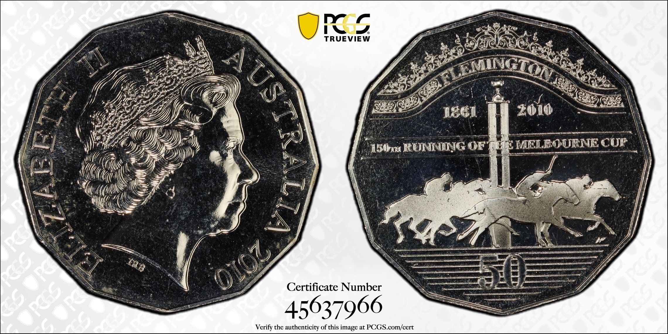 180 · Elizabeth II, Melbourne Cup 1861-2010 Finish Line , Fifty Cent, 2010, PCGS MS68