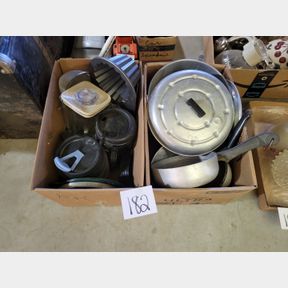 2 Boxes of aluminum cookware and other kitchen items