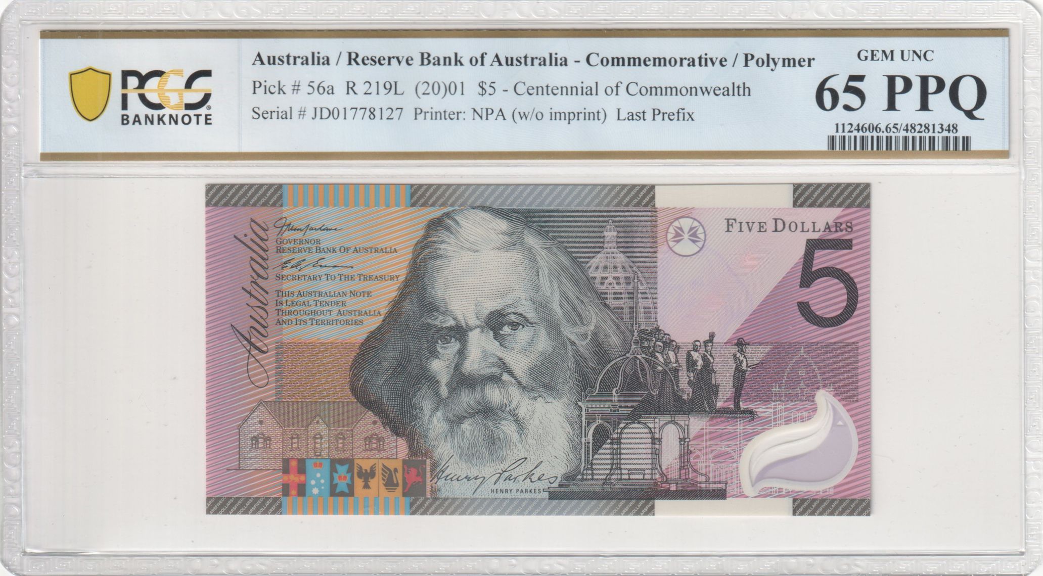 Macfarlane/Evans, Last Prefix, Five Dollar, 2001, PCGS Gem UNC 65 PPQ