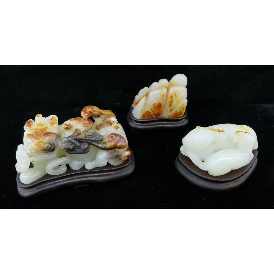 3pc Chinese Russet Splash Jade Carvings on Stands