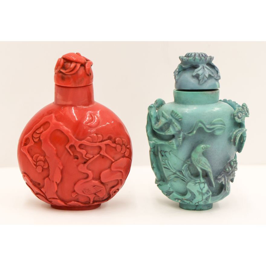2pc Chinese Jade Coral & Turquoise Snuff Bottles