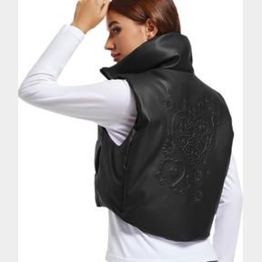 WOMEN'S FAUX LEATHER PUFFER VEST WINTER WARM PADDED CROPPED PUFFER VEST LIGHTWEIGHT SLEEVELESS OUTERWEAR GILET BLACK LEATHER L