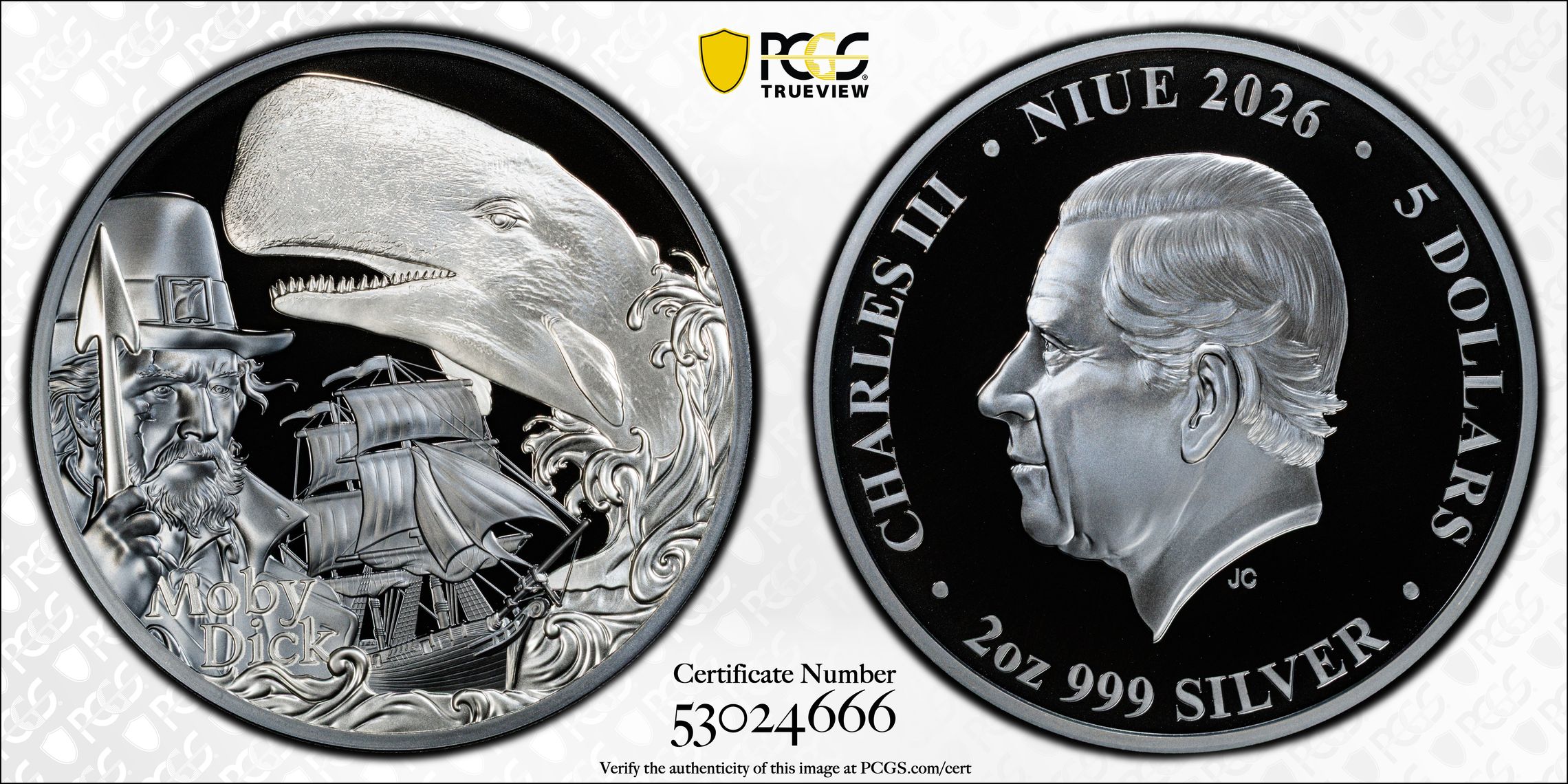 Niue, Moby Dick Silver Black PR, 1/0, Five Dollar, 2026, PR70DCAM