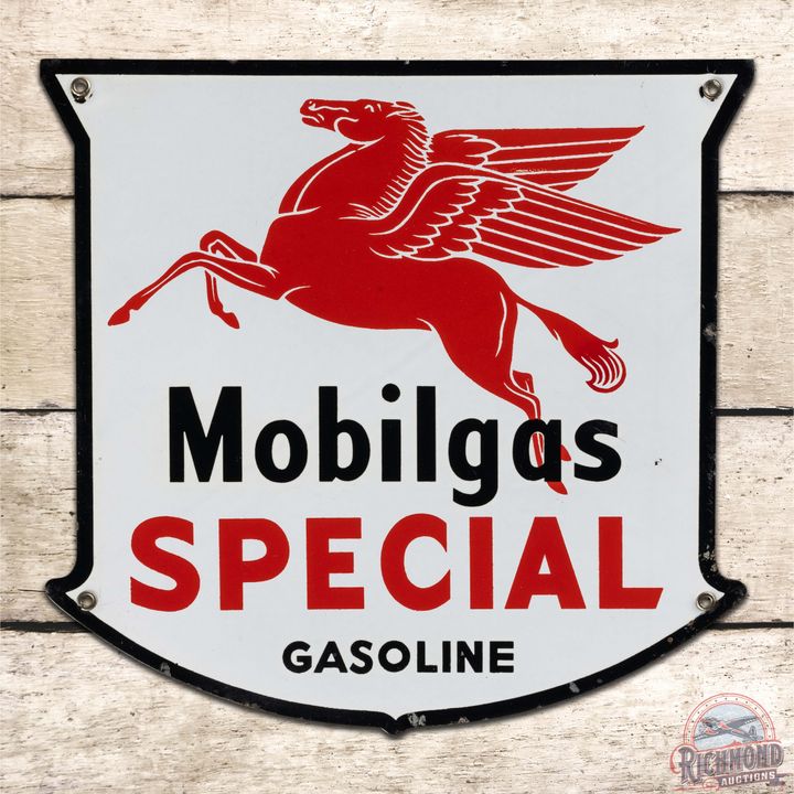 Mobilgas Special Gasoline "Drop Leg" Single Sided Porcelain Pump Plate Sign w/ Pegasus