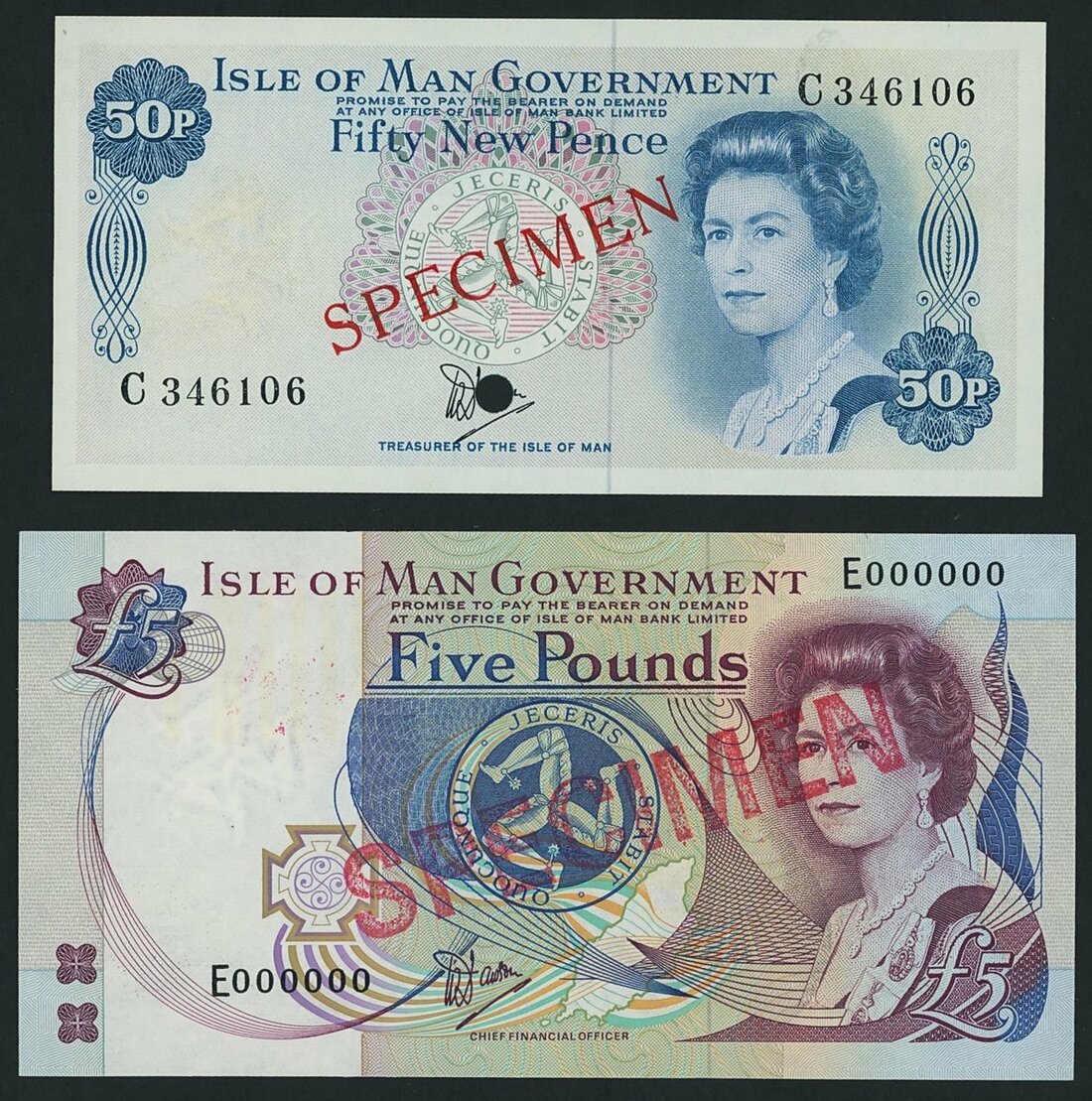 Isle of Man Government, [2 notes] specimen 50 Pence & £5, ND (1981 ...