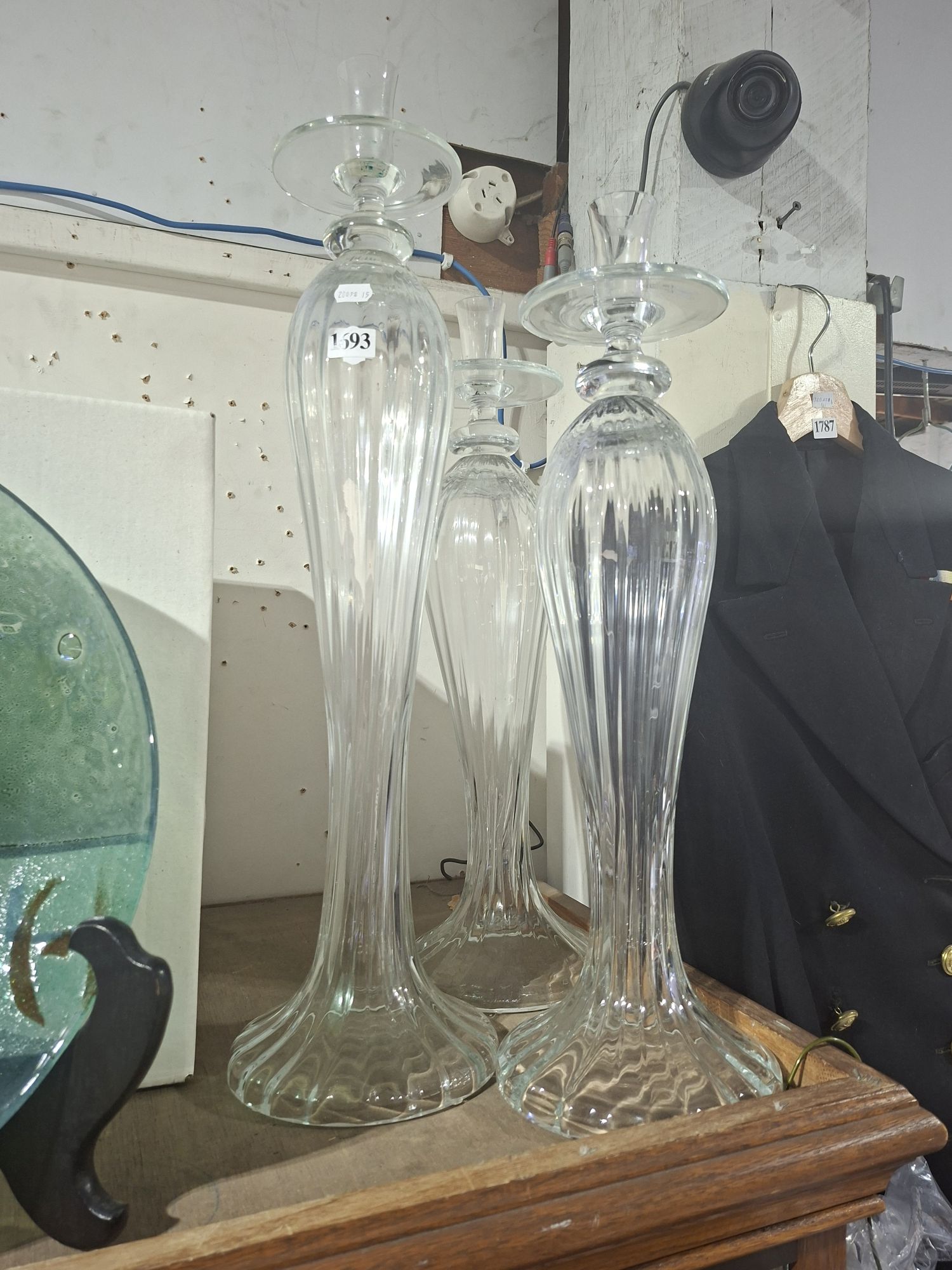THREE MODERN GLASS CANDLE HOLDERS