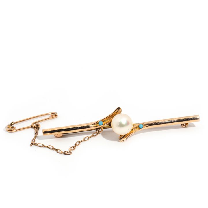 Turquoise & Akoya Pearl 9 Carat Gold Brooch