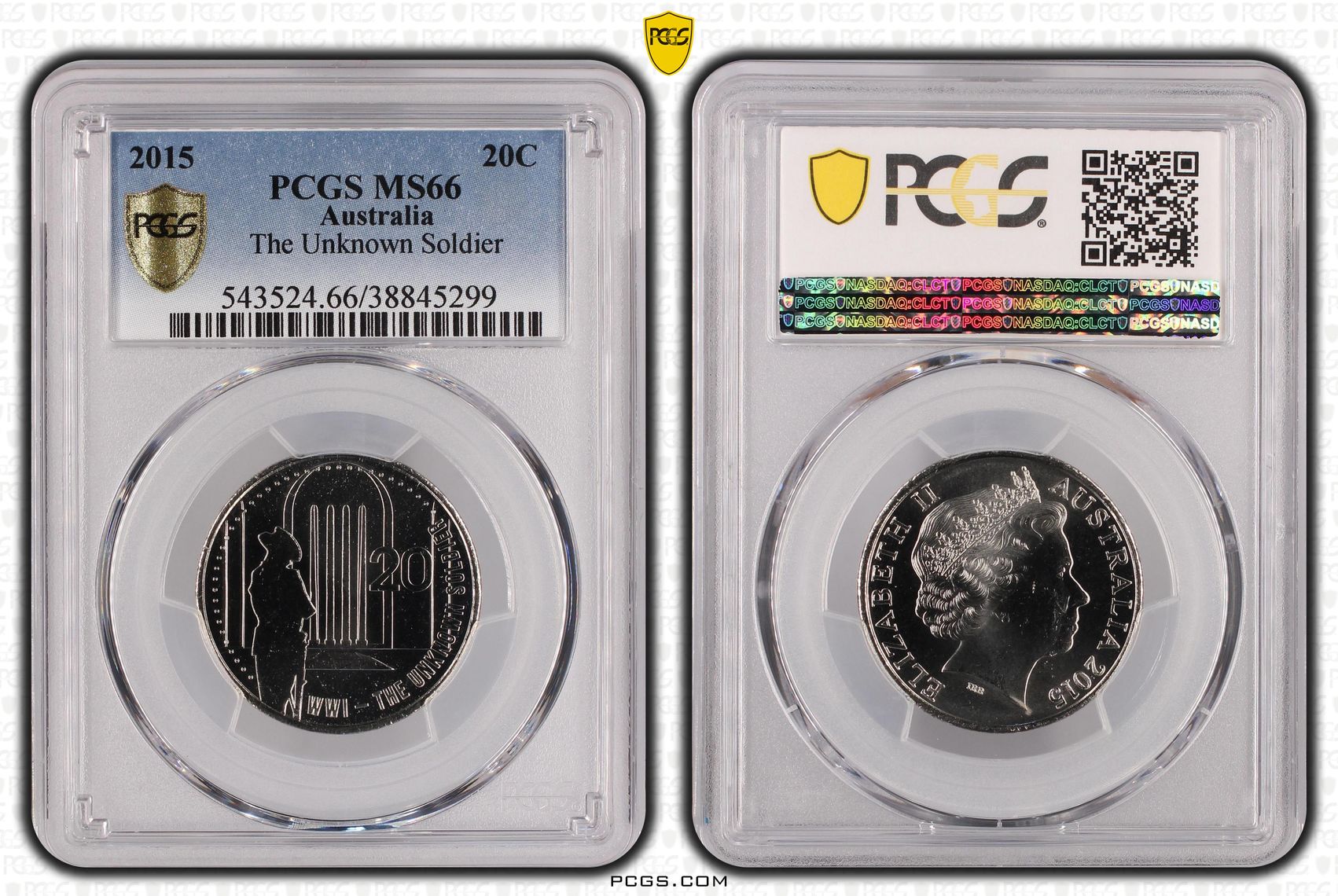 2015 Australia Twenty Cent, 20c The Unknown Soldier PCGS - MS66 -299