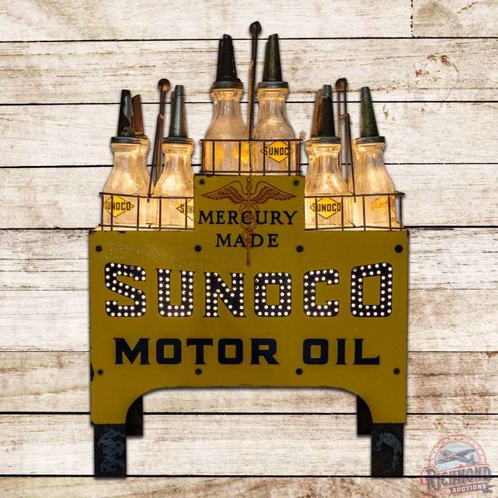 Complete Sunoco Mercury Made Motor Oil Lighted Display Rack w/ 4 SS Porcelain Signs & Bottles
