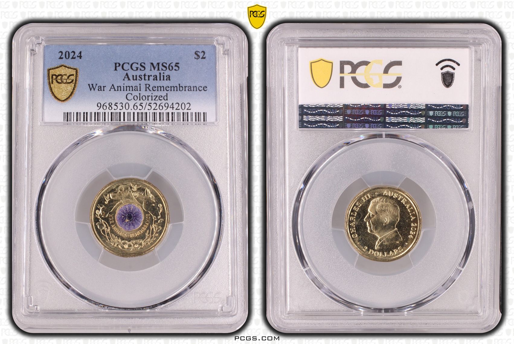War Animal Remembrance Colourised, Two Dollar, 2024, PCGS MS65