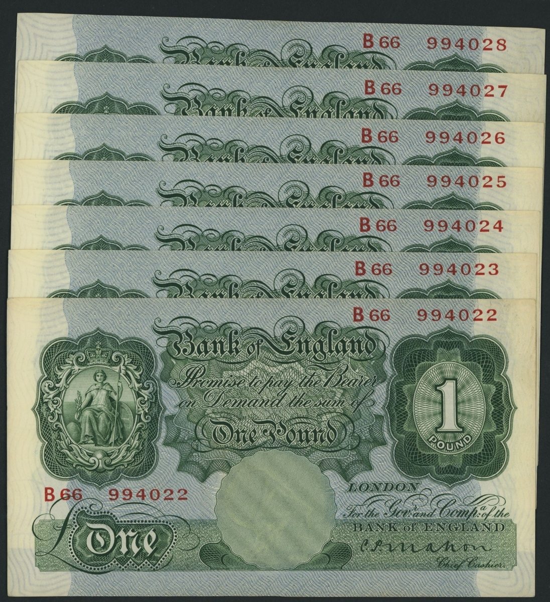 Bank of England, [7 notes] C. P. Mahon, £1, ND (1928), consecutive ...