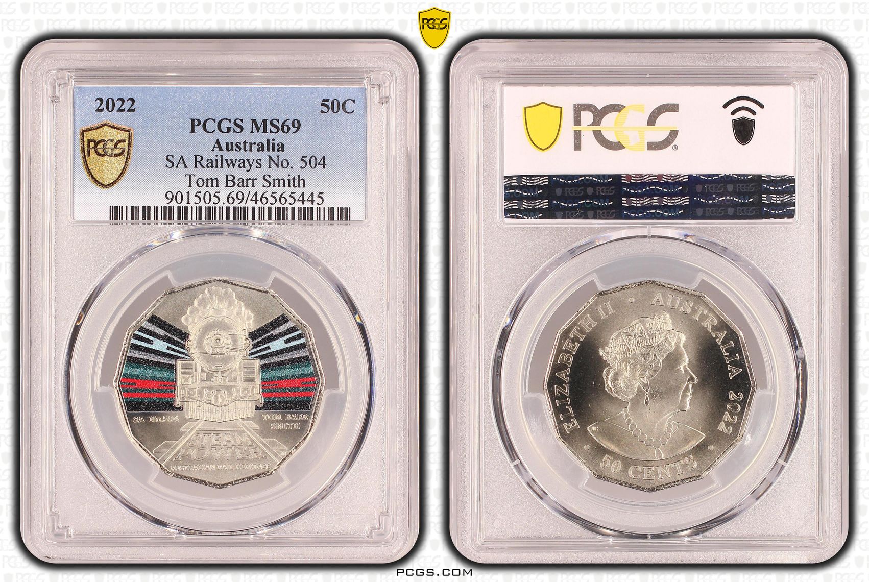 380 · SA Railways No. 504 Tom Barr Smith Colourised, Fifty Cent, 2022, PCGS MS69