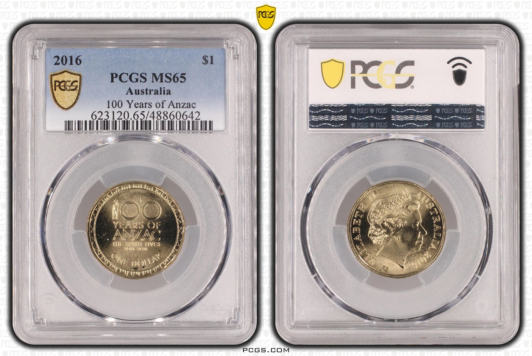 409 · Elizabeth II, 100 Years of Anzac , One Dollar, 2016, PCGS MS65
