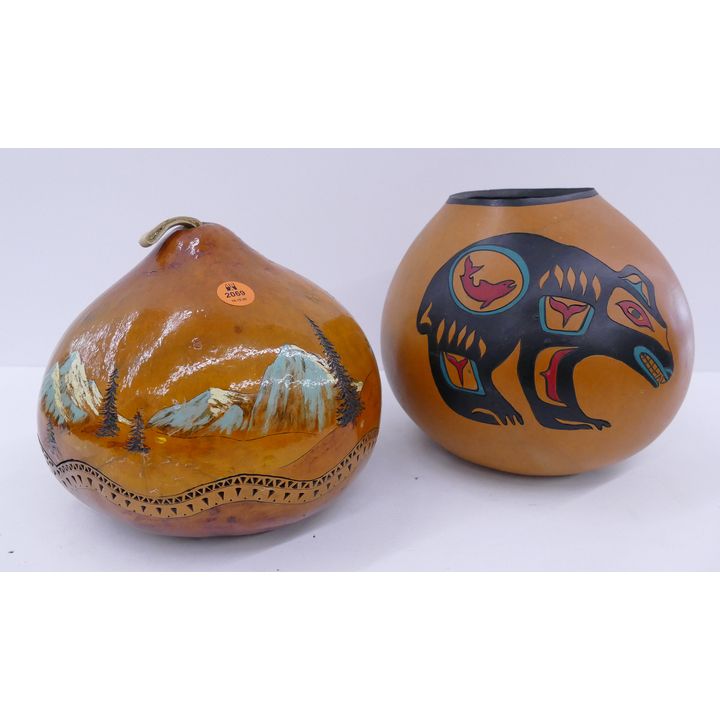 2pc Native Decorated Gourds- 8''- covered gourd As Is