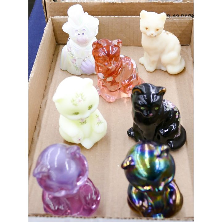 Box 7pc Vintage Fenton Hand painted Cat Figures Etc.