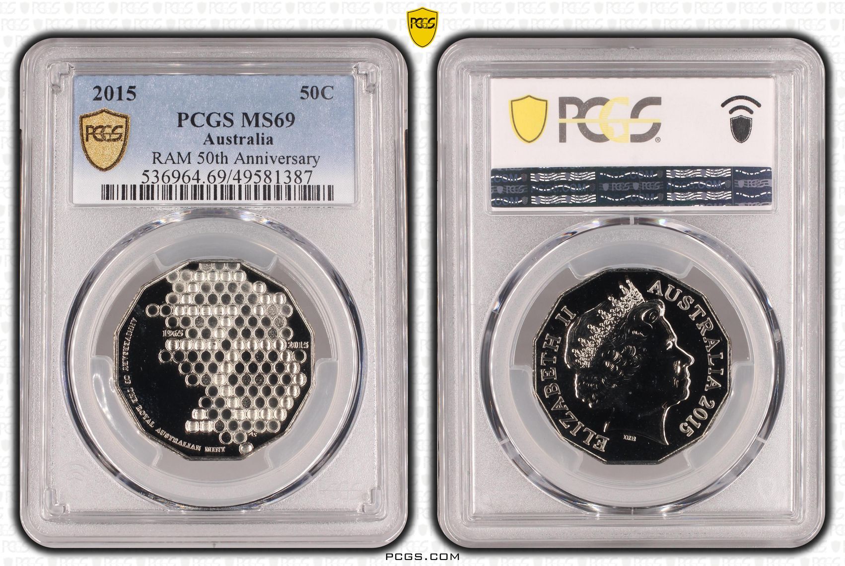 185 · Elizabeth II, RAM 50th Anniversary  POP 26/0, Fifty Cent, 2015, PCGS MS69