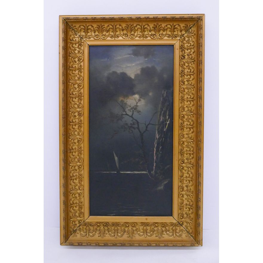 Antique Night Seascape Oil Painting Framed- 24x15''