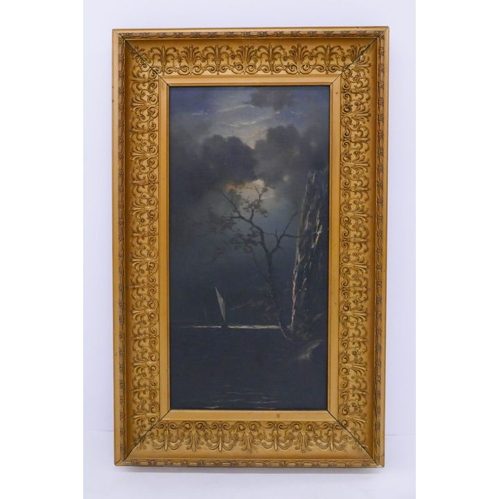 Antique Night Seascape Oil Painting Framed- 24x15''
