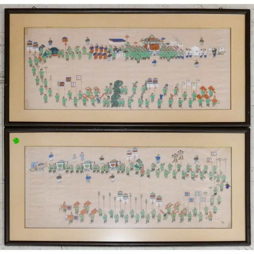 Pair Old Chinese Folk Art Processional Watercolors Framed 15''x29''