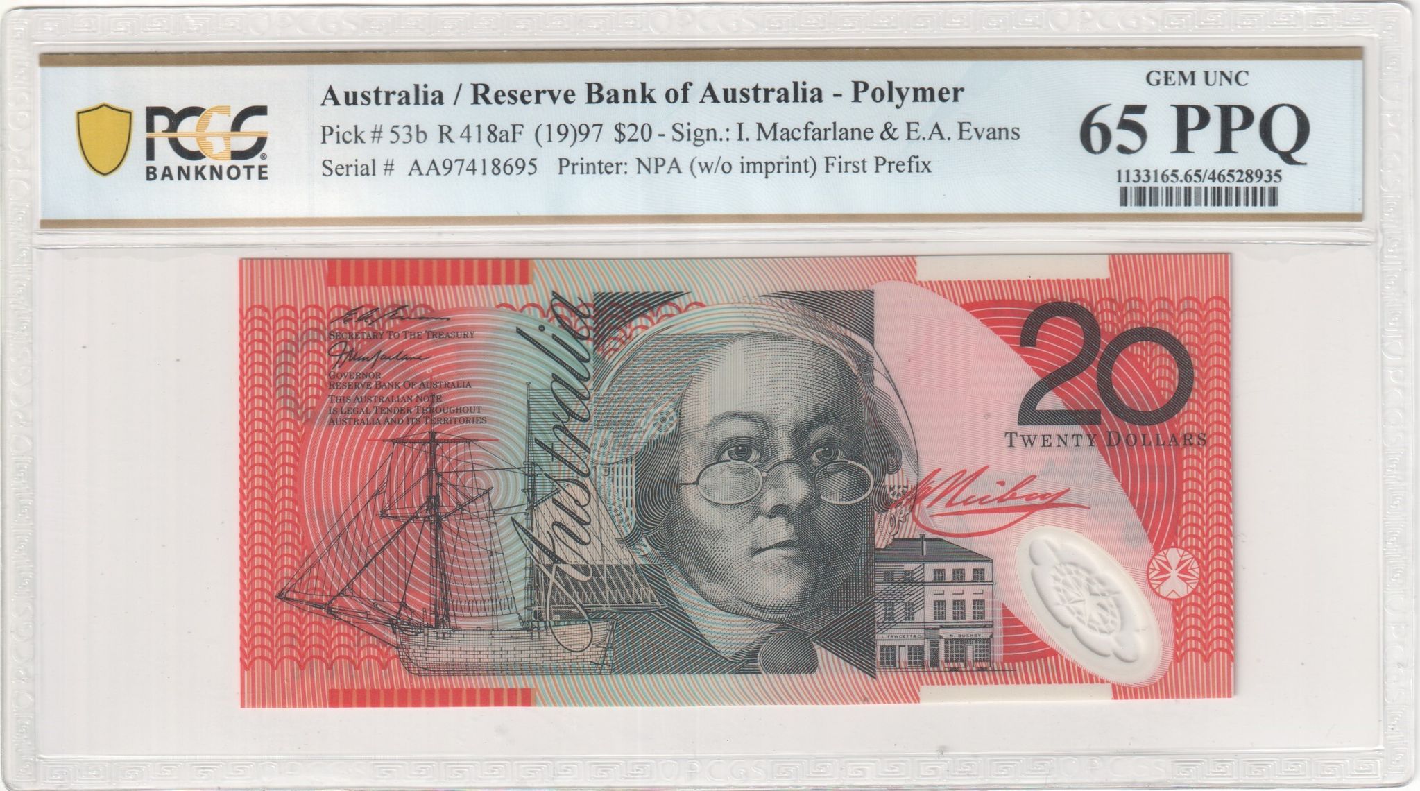 Macfarlane/ Evans, First Prefix, Twenty Dollar, 1997, PCGS Gem UNC 65 PPQ