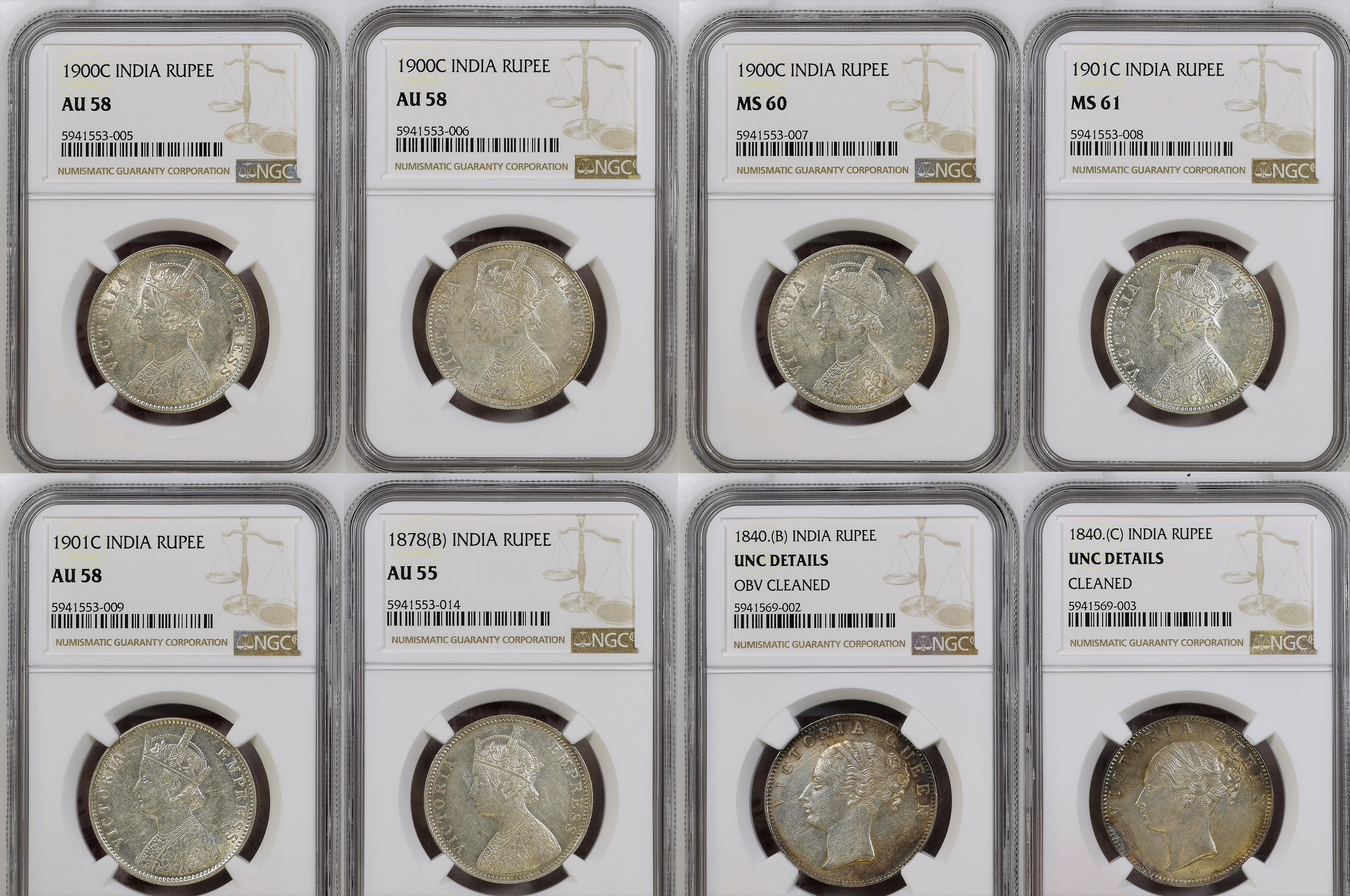 India Lot of 8 silver graded rupees different dates. NGC Details through MS61