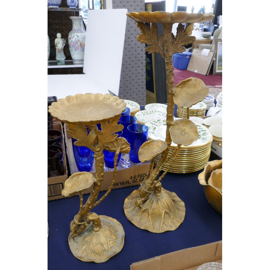 Pair Gilt Iron Lotus Candle Stands- 15'' and 21''