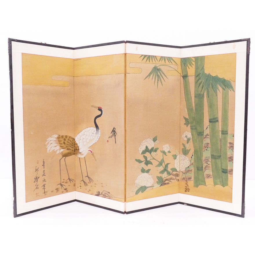 Japanese Painted Cranes & Bamboo 4 Panel Screen- 36x54''