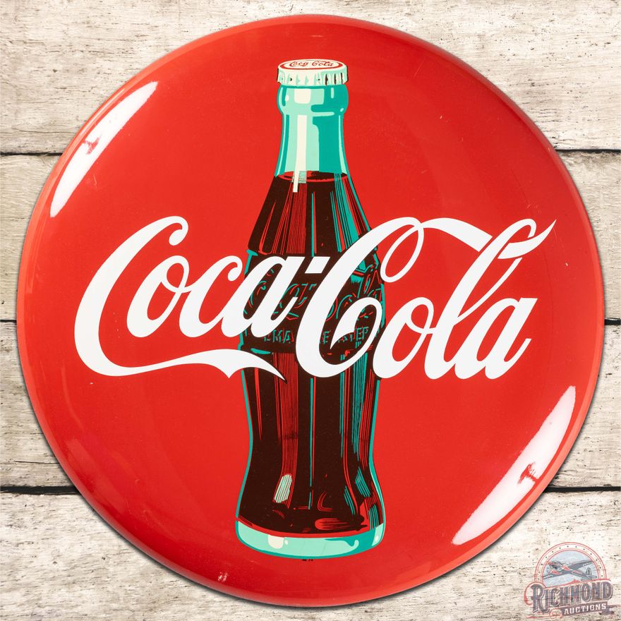 Coca Cola 24" SS Tin Button Sign w/ Bottle