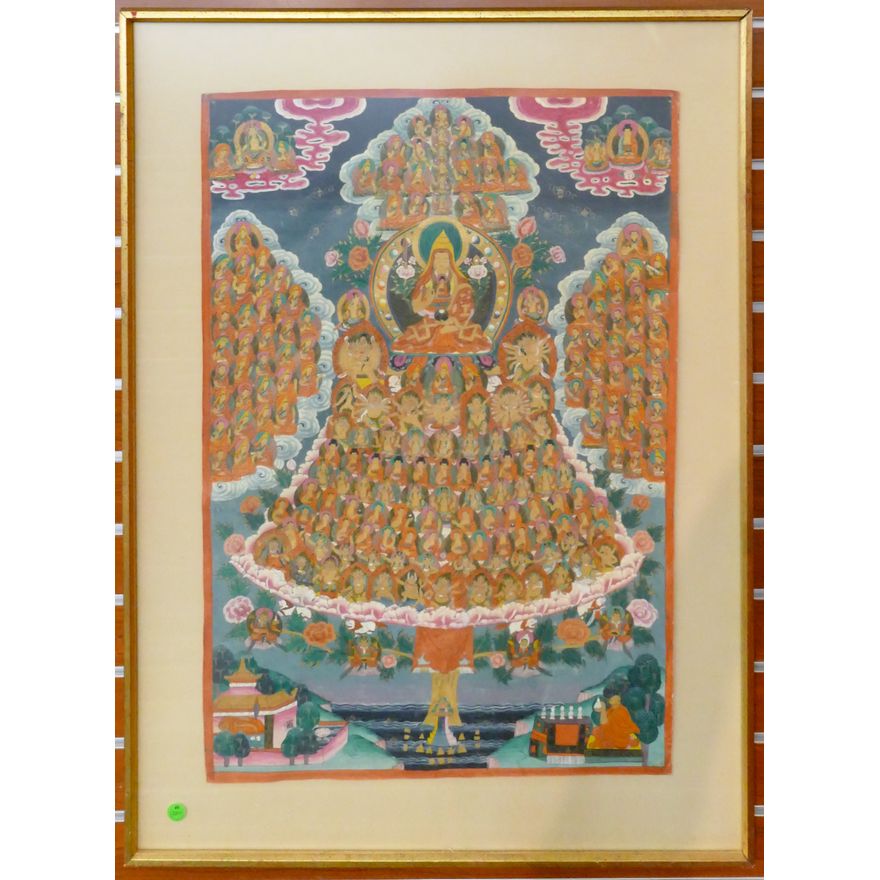 Old Tibetan Finely Painted Buddhist Thangka Framed 35''x25''