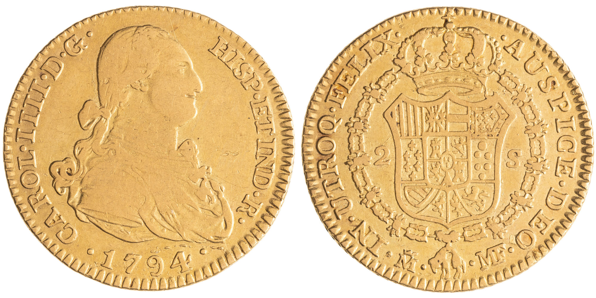 Spain, Charles IV, Two Escudos, 1794, F - gF