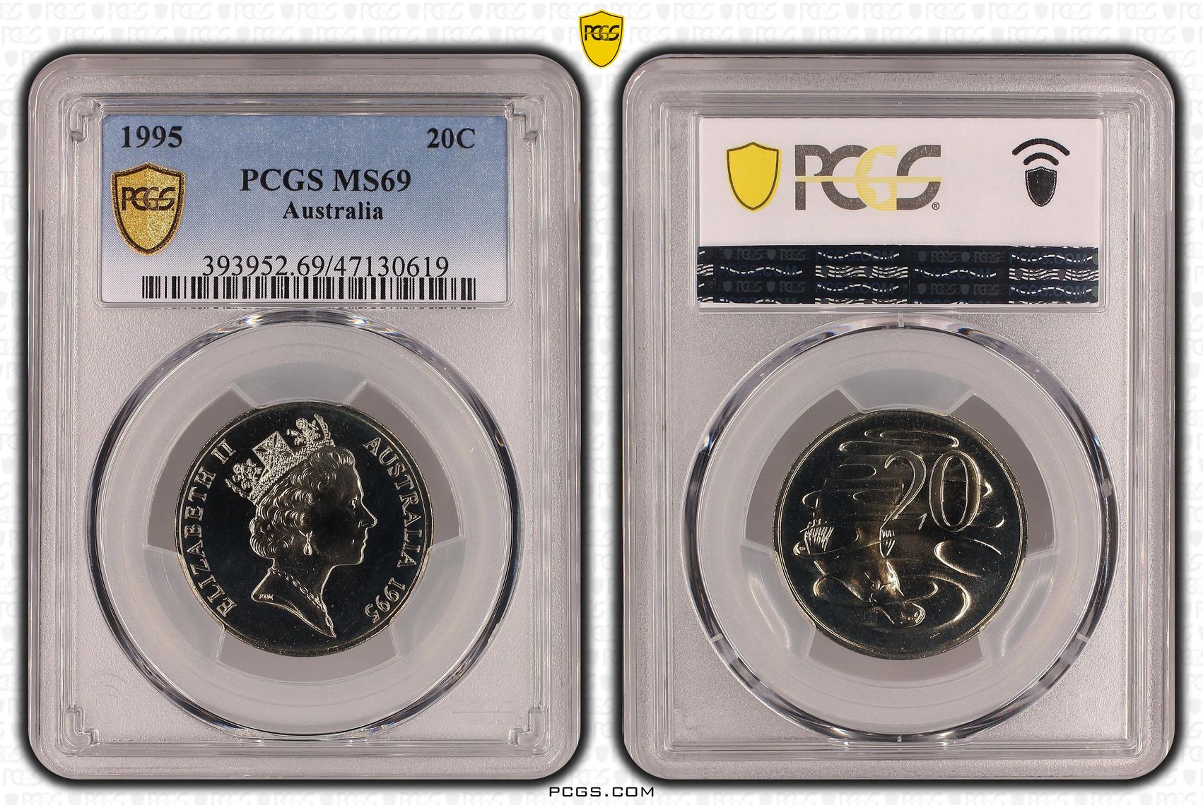 62 · Elizabeth II, Pop 14/0, Twenty Cent, 1995, PCGS MS69