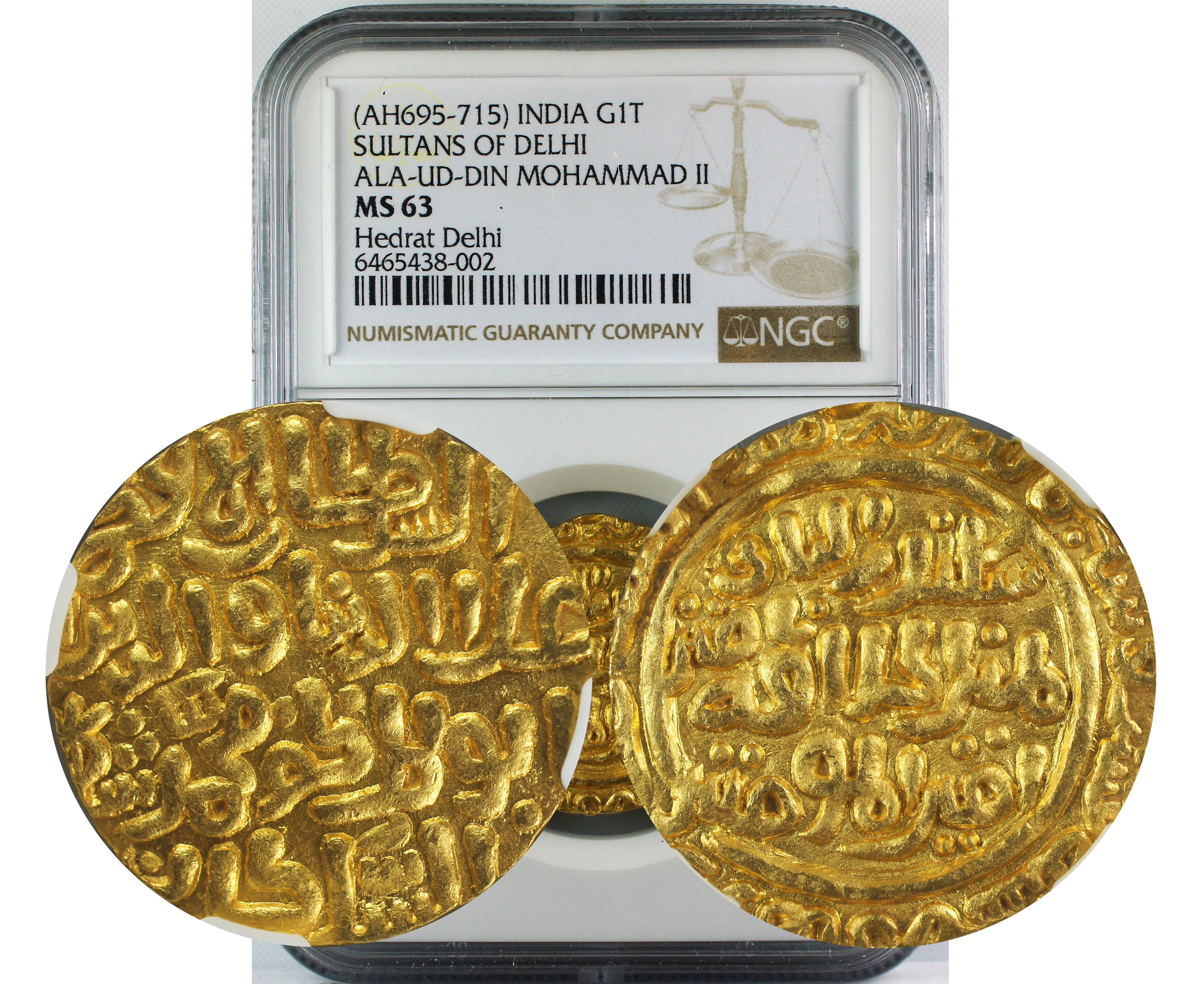AH 695-715 INDIA GOLD TANKA SULTANS OF DELHI ALA-UD-DIN MOHAMMAD II MS63
