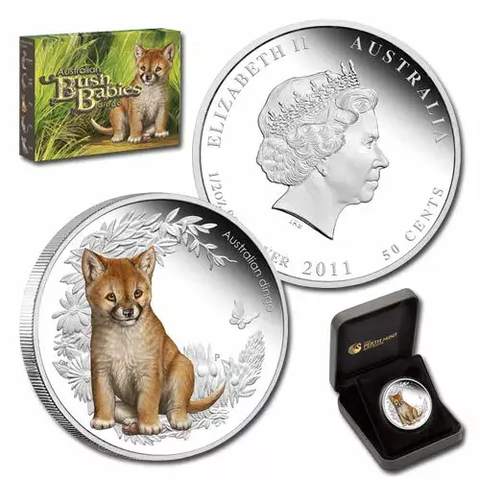 2010 Perth Mint 50c Bush Babies-Dingo 1/2oz Silver Proof Colour Coin