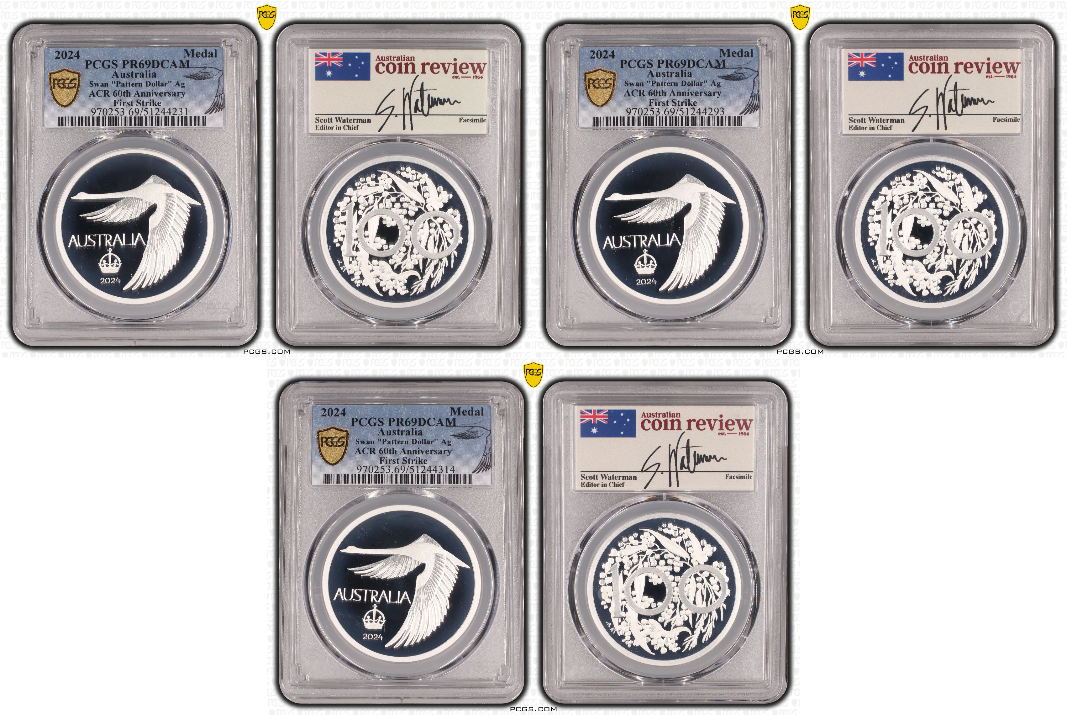 Trio of ACR Swan Pattern Dollar Silver Proof, Crown, 2024, PCGS PR69DCAM