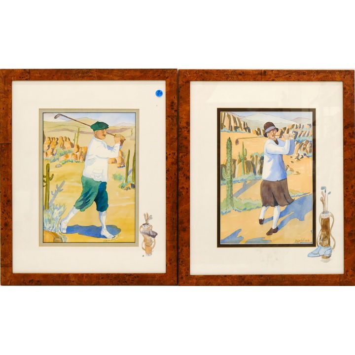 Pair Elaine DeNiro Golfing Watercolors Framed 22''x18''