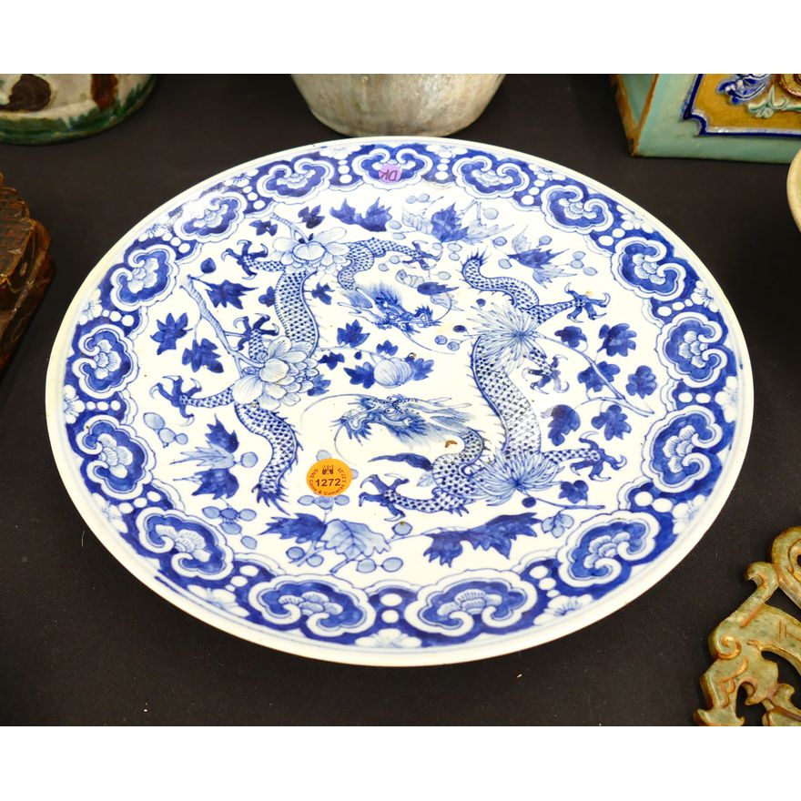 Old Chinese Blue & White Dragon Charger 12''