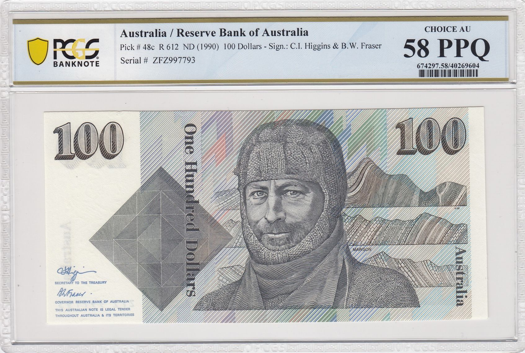 1990 Australia $100 Banknote Fraser/Higgins Choice AU 58 PPQ PCGS