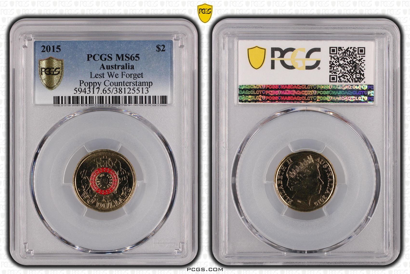 Elizabeth II, Lest We Forget Poppy counterstamp, Two Dollar, 2015, PCGS MS 65