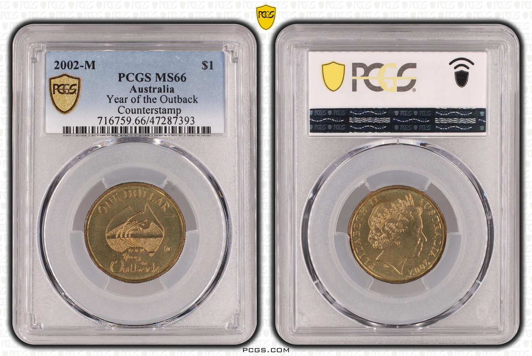 227 · Elizabeth II, Year of the Outback Counterstamp , One Dollar, 2002-M, PCGS MS66