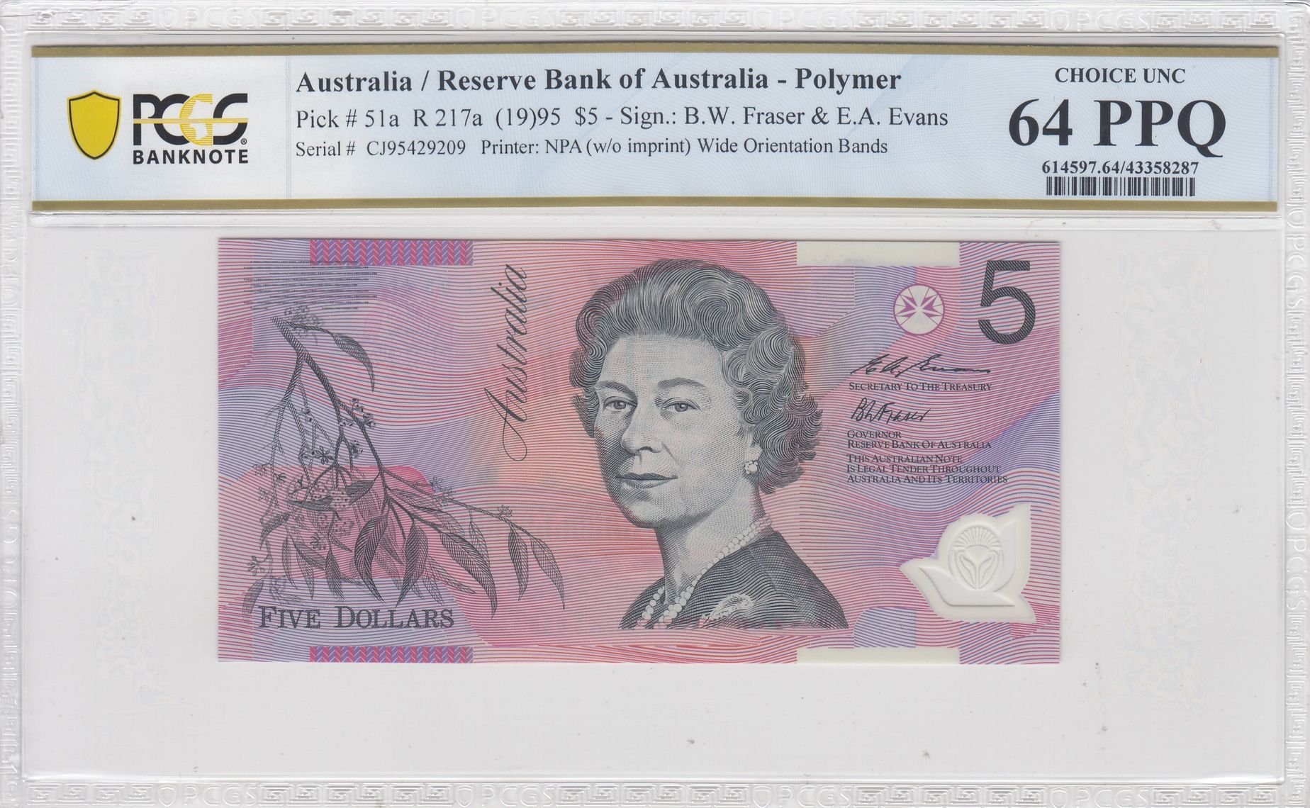 1995 $5 Fraser/Evans Choice Unc 64 PPQ
