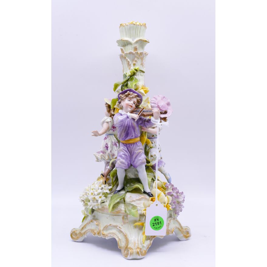 Antique Fine Porcelain Figural Candlestick- likely Dresden- some damage- 12''
