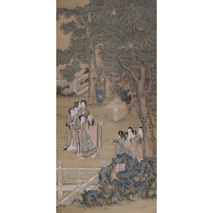 Chinese Qing Courtesans in Landscape Scroll Painting