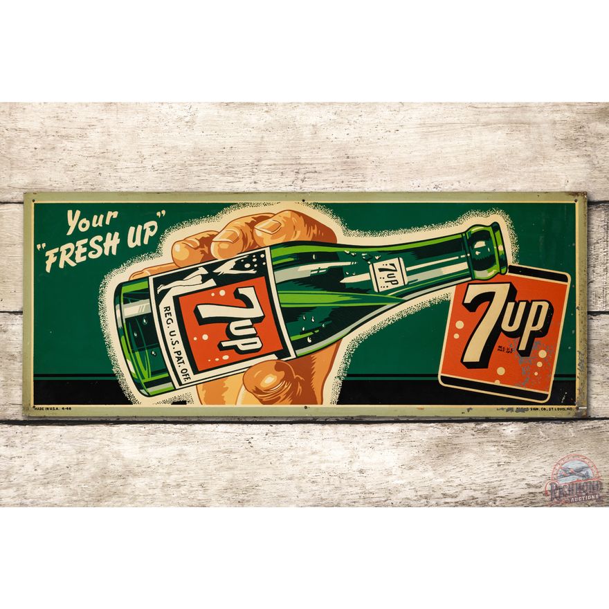1946 Your Fresh Up 7up w/ Hand & Bottle Tin Sign