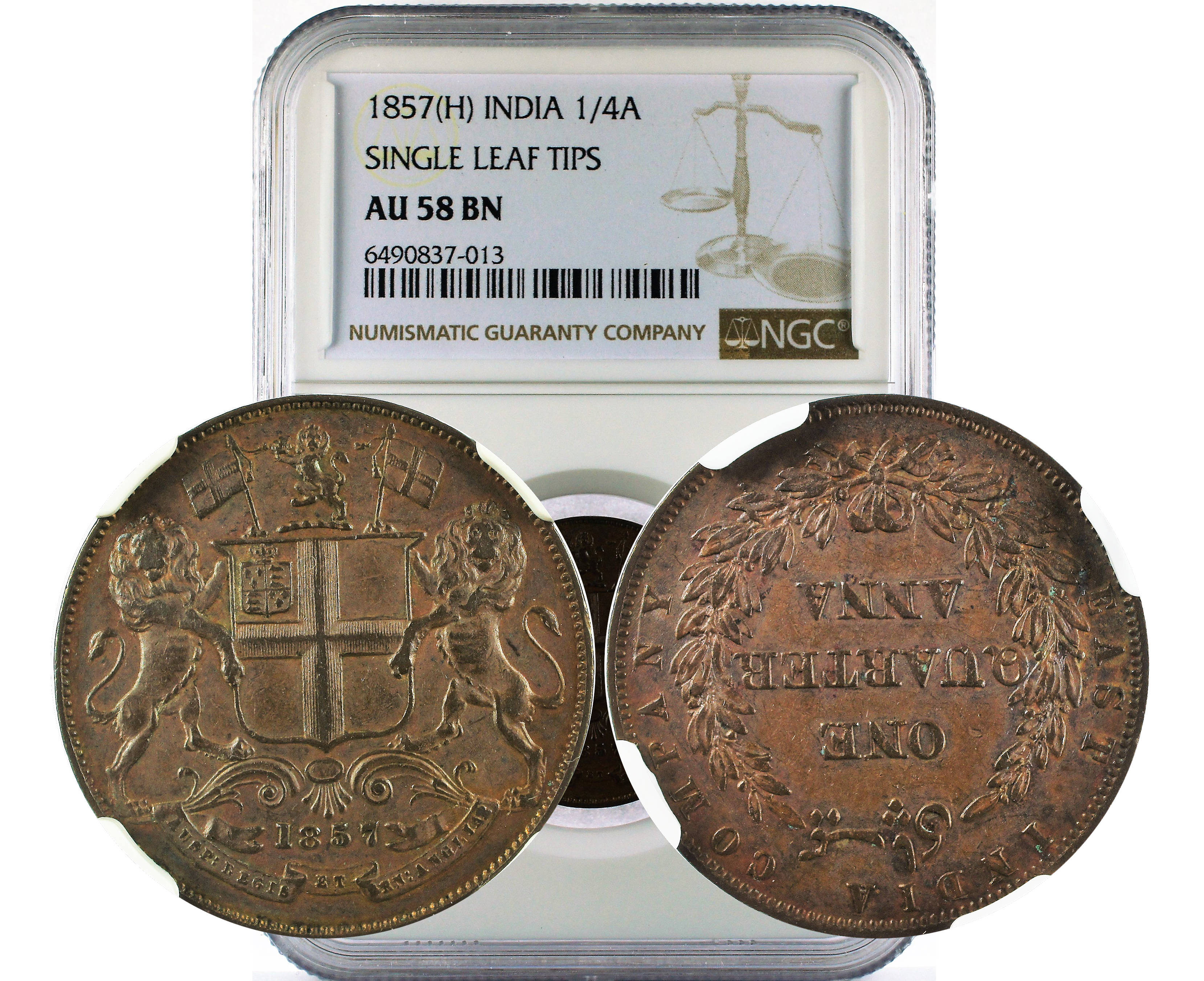 1857(H) INDIA SINGLE LEAF TIPS 1/4A AU 58