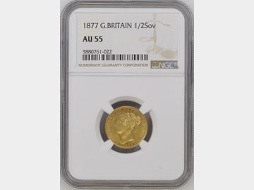 1877 VICTORIA YOUNG HEAD GOLD HALF SOVEREIGN AU55