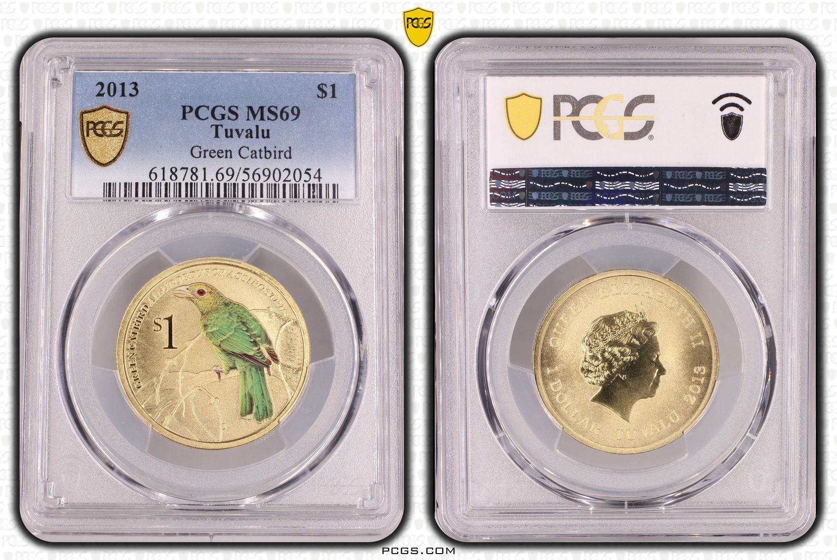 269 · Tuvalu, Green Catbird, One Dollar, 2013, PCGS MS69
