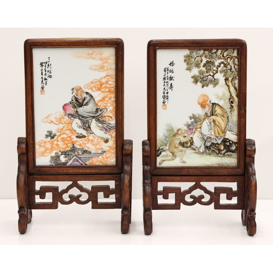 Pair Chinese Porcelain Plaque Table Screens