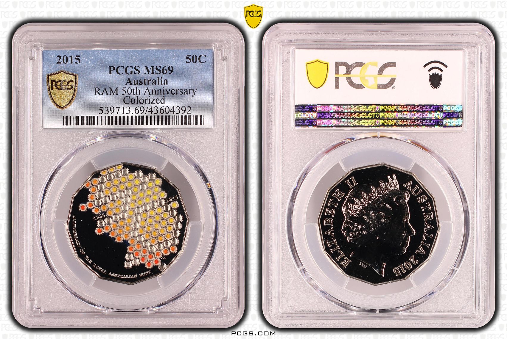 2015 Australian Fifty Cent, 50c RAM 50th Anniversary Colorized PCGS - MS69 -392