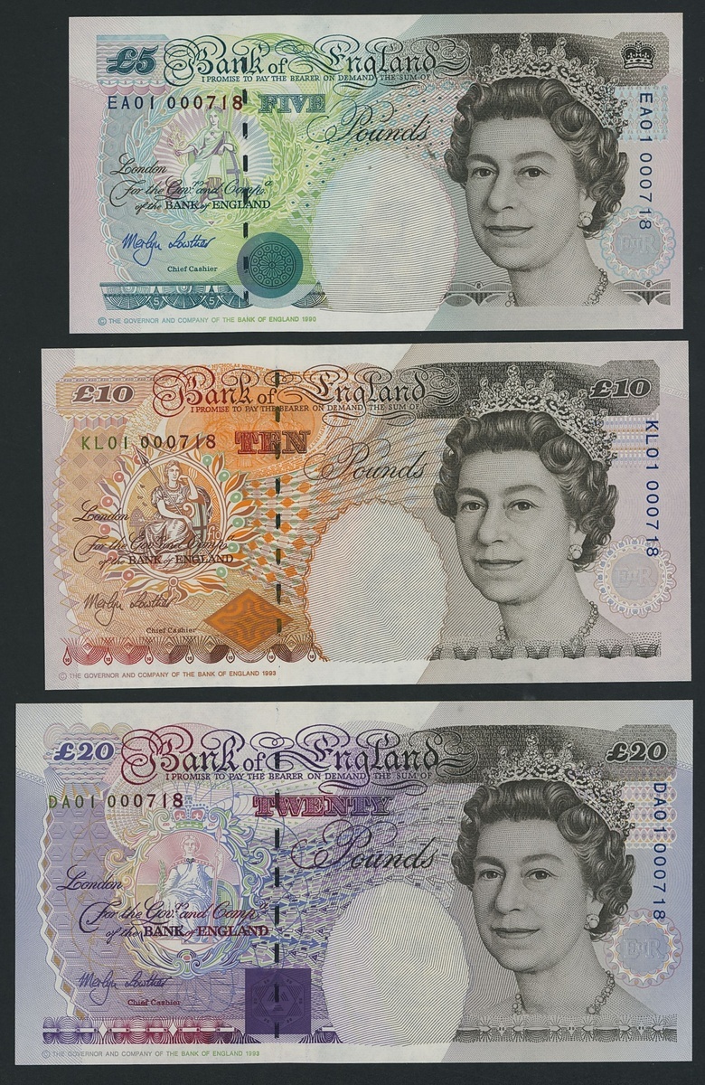 Bank of England, [4 notes] £5, £10, £20, £50, M. V. Lowther, 1999 ...