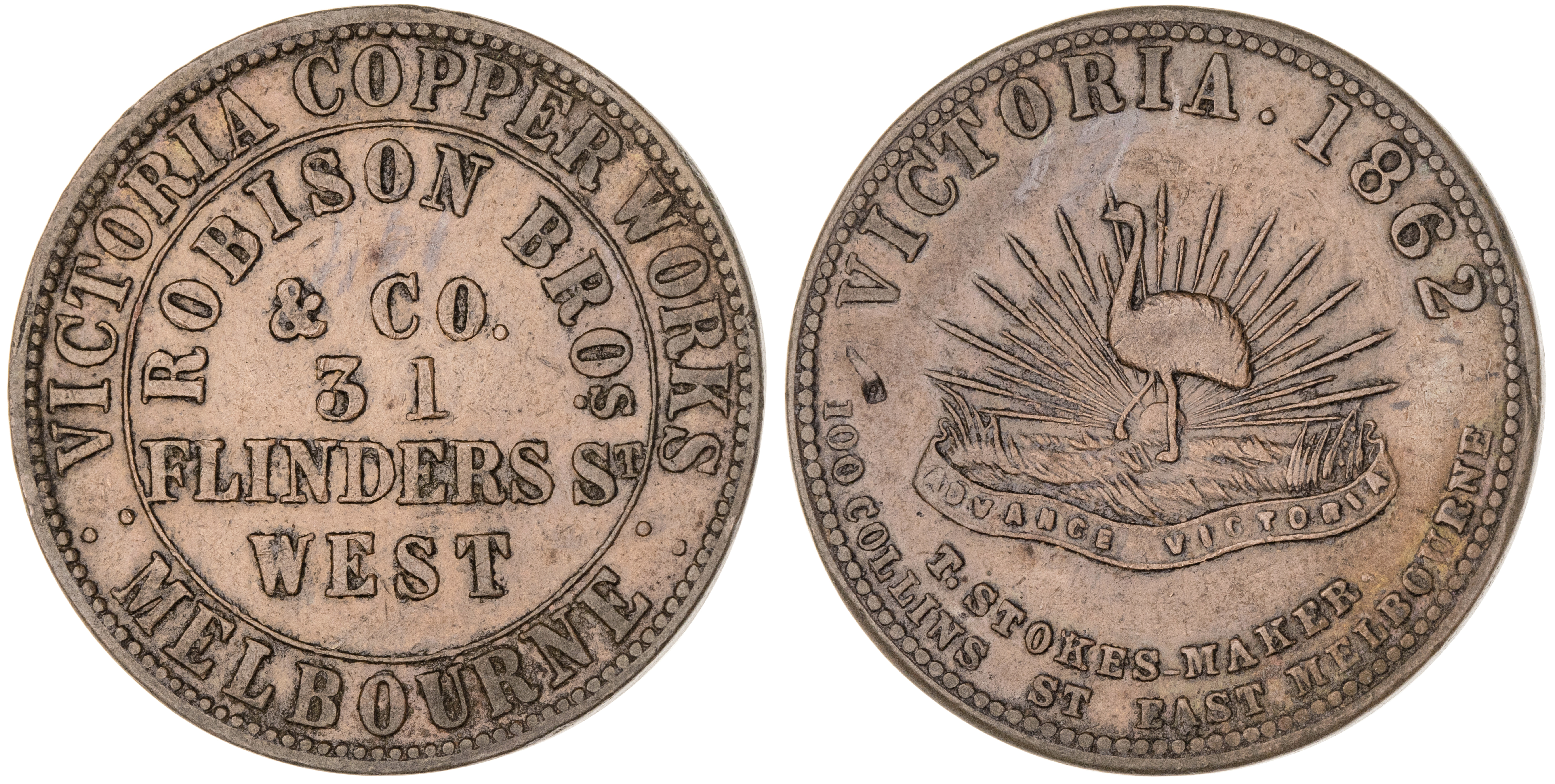455 · Melbourne, Victoria, Robison Bros., Penny, 1862, VF